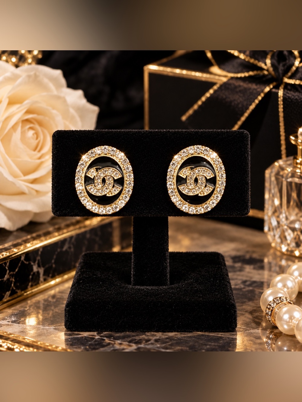 Gold Tone Black Enamel Rhinestone Oval CC Logo Statement Stud Earrings
